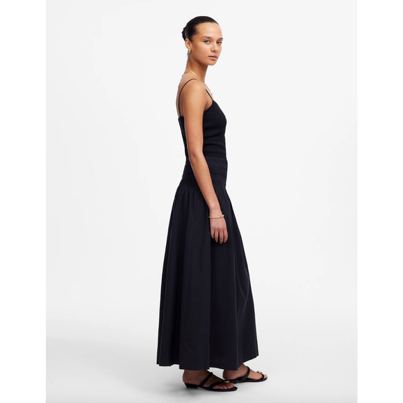 Madewell Smocked Waist Poplin Midi Skirt Cotton A Line Black Pockets XL NWT - Picture 3 of 15